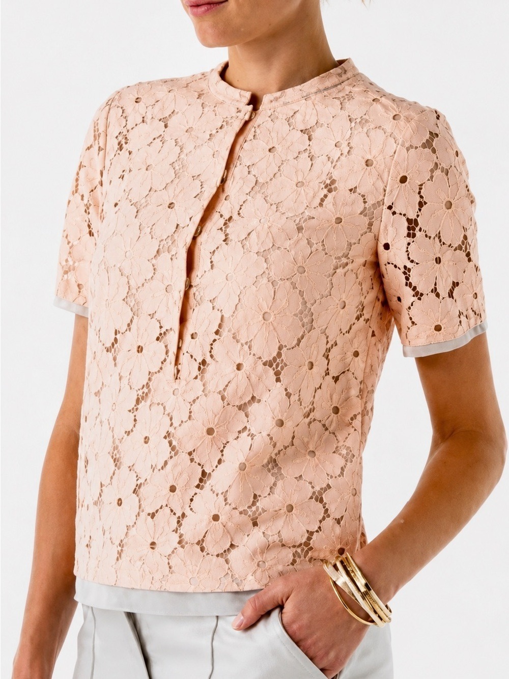 Diane Von Furstenberg Warner Flower Lace Wool Silk Short Sleeve Blouse Peach 6